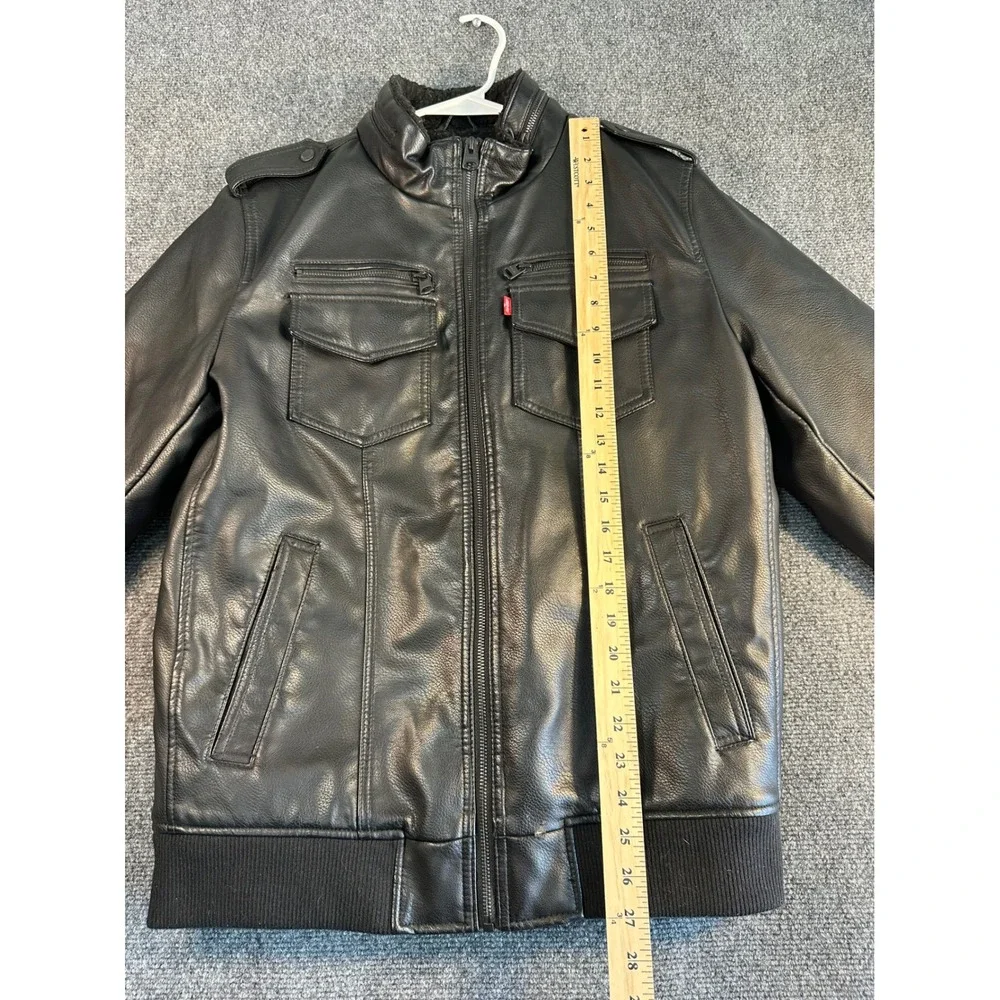 Levis Mens Black Faux Leather Sherpa Lined Bomber Jacket Medium Utility Moto